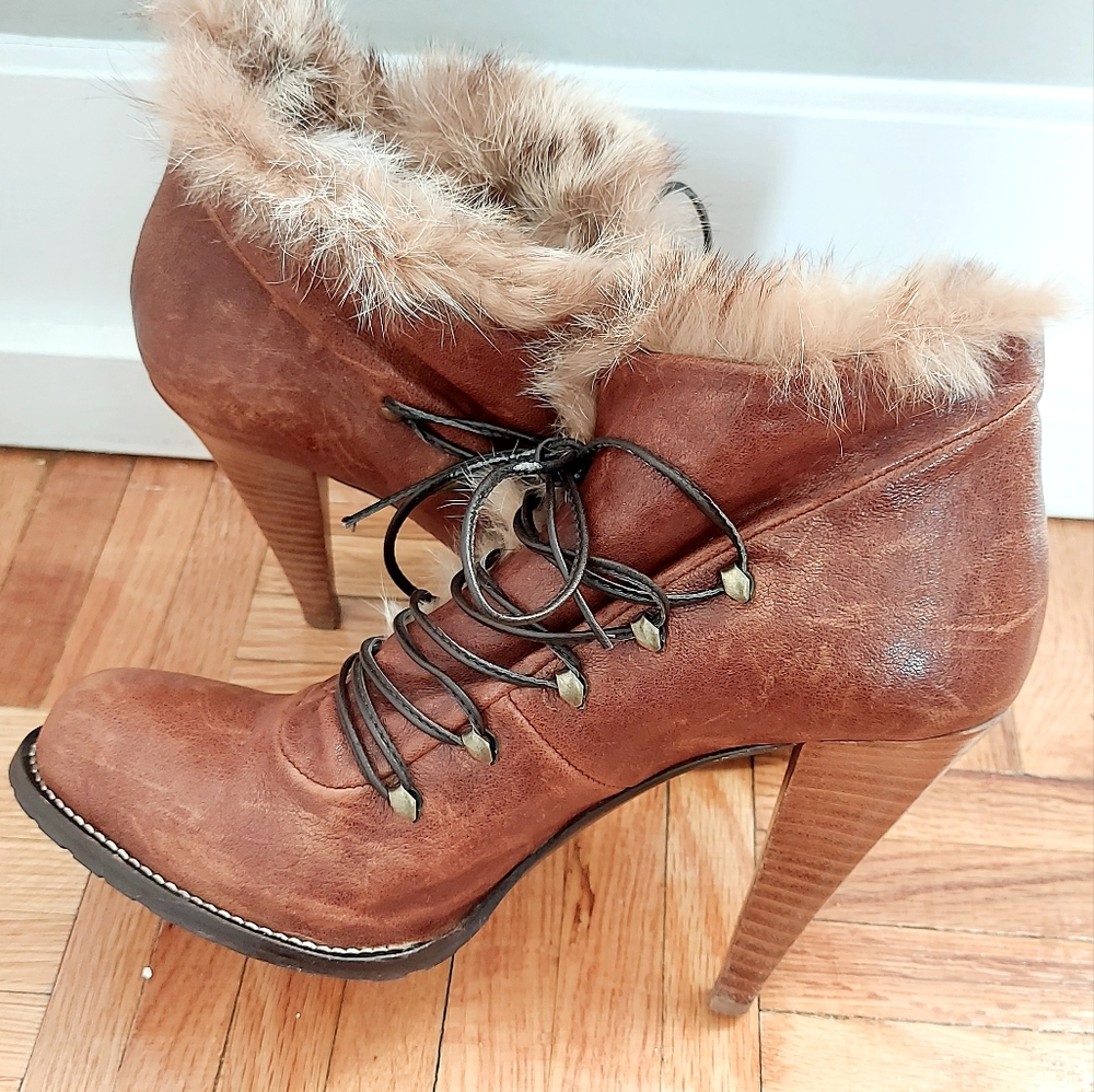 Mimosa Women Boot Size EU 38 Brown Leather Lace-Up Platform Academia Wood Chunky - Picture 6 of 12